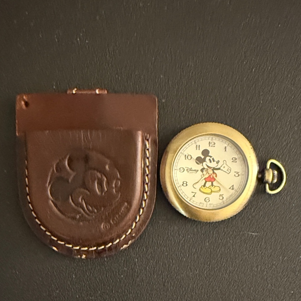 90’s Disney Time Works Mickey Mouse Watch with Brown Leather Pouch